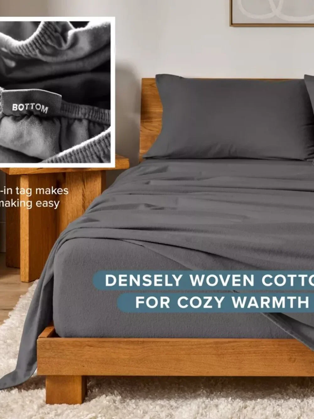 NEW Soft & Cozy 100% Cotton Flannel Sheet Set by Bare Home Grey Queen